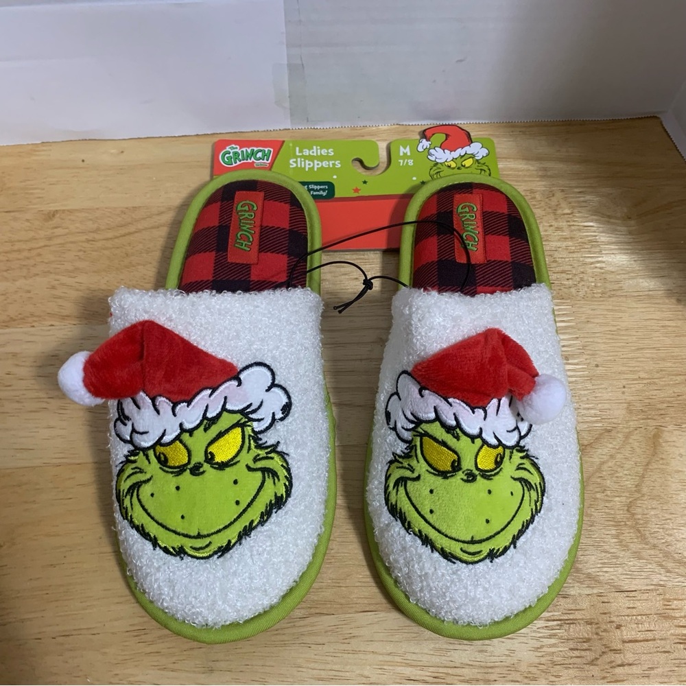 Dr Seuss Grinch‎ Christmas Santa Hat Slippers Slides Men's M 7/8 NEW